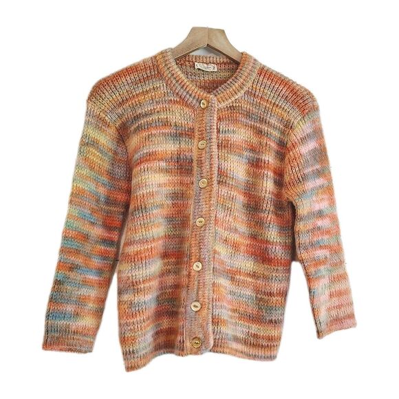 Vtg 70s Knit Mohair S M Wool Cardigan Sweater Multicolor Pastel Rainbow Boho - Picture 1 of 9